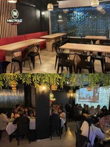 dos fotos de un restaurante con gente sentada en las mesas en San Francisco Apart Hotel en Guayaquil