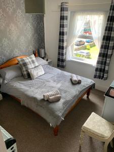 a bedroom with a bed with pillows and a window at Bella Vista in Paignton