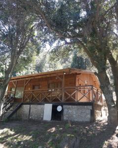 ein großes Holzhaus mit einem Baum in der Unterkunft La Peninsula Cabaña in San Carlos de Bariloche