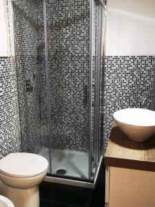 La salle de bains est pourvue d'une douche, de toilettes et d'un lavabo. dans l'établissement MELIREB APPARTAMENT ELEGANCE, à Turin