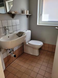 a bathroom with a toilet and a sink at Gartenhaus Schlanstedt in Schlanstedt