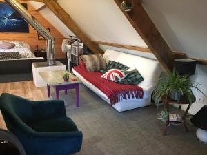 uma sala de estar com um sofá e uma cadeira em Chez Fred avec vue sur le Château em Angles-sur-lʼAnglin