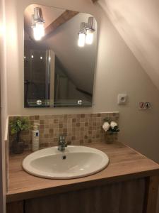 a sink in a bathroom with a mirror and a mirror at Chez Fred avec vue sur le Château in Angles-sur-lʼAnglin