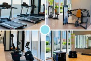 a collage of four pictures of a gym at Paradise on the Island - Luxurious Seaview Apartment @DubaiCreekHarbour in Dubai