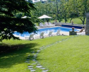 a backyard with a swimming pool with chairs and a lawn at Château De Noirieux in Briollay