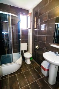 La salle de bains est pourvue de toilettes, d'un lavabo et d'une douche. dans l'établissement Vila Victory, à 2 Mai