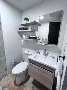 een witte badkamer met een toilet en een wastafel bij Apartamento Santo Domingo Este in Mendoza