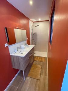 La salle de bains est pourvue d'un lavabo et d'une douche. dans l'établissement Cosy house, à Somain