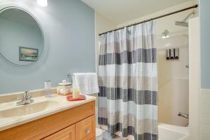 a bathroom with a sink and a shower curtain at East Fishkill Studio, Close to Red Wing Park! in Hopewell Junction