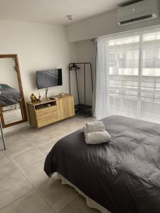 sypialnia z łóżkiem, telewizorem i lustrem w obiekcie Hermoso Monoambiente en Rosario w mieście Rosario