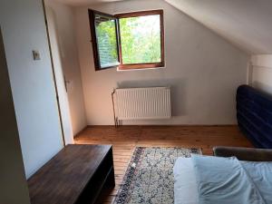 ein Wohnzimmer mit einem Sofa und einem Fenster in der Unterkunft Vikendica Drina in Ljubovija