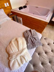 um quarto com uma cama e uma banheira em Chalés da Serra em São Francisco de Paula