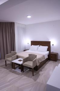 une chambre d'hôtel avec un lit, une table et des chaises dans l'établissement Hamptons Village Apartments Ada Bojana, à Ulcinj