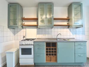 a kitchen with blue cabinets and a sink at 3 Betten Unterkunft Vahrenwald-List in Hannover