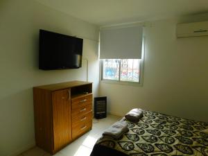a bedroom with a bed and a flat screen tv at Departamento Nº7 Complejo Privado in Godoy Cruz