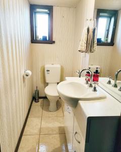 a bathroom with a toilet and a sink at Sandy Shores Estate- Long Island in Frankston