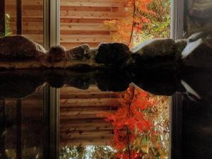 un riflesso di una parete rocciosa in una finestra di プライベート温泉付き隠れ家　Shankara Lodge ~stay & retreat~ a Kirishima