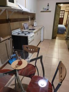 a kitchen with a stove and a table and chairs at Monoambiente amplio, Centrico in Santa Rosa