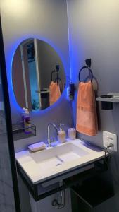 a bathroom with a sink and a mirror at Sp Bras, Apartamento inteiro, Expo Center Norte, Vinho Grátis, feira da madrugada, Rua vautier, Rua 25 de março, Templo, Pari in Sao Paulo