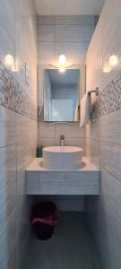 Apartments Ana i Ante Punta في ميلنا: حمام أبيض مع حوض ومرآة +37 صورة
