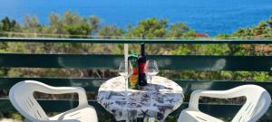 a table with two glasses and a bottle of wine at Apartments Ana i Ante Punta in Milna
