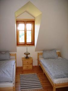 1 dormitorio con 2 camas individuales y ventana en Holiday home in Jilove u Drzkova 1767 en Jílové u Držkova