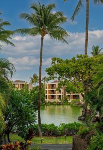 a pond with palm trees in front of a building at Mauna Lani Terrace G102 - Lagoon View Terrace Suite - Upscale Luxury Waterfront in Waikoloa