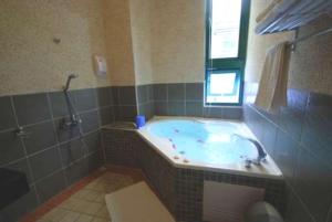 baño con bañera con ducha y ventana en Green Window Homestay綠窗小築天安居民宿, en Hualien City