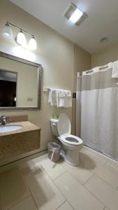 a bathroom with a toilet and a sink and a shower at Whitney Inn & Suites in Hamden