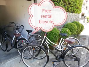 a group of bikes parked next to a free rental bicycle sign at くまの蔵inn Warehouse in Shingū