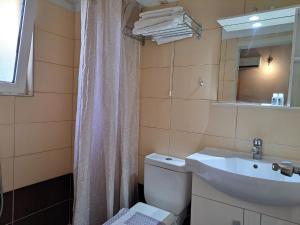 uma casa de banho com um WC, um lavatório e um espelho. em Bristol Apartments em Cidade de Kos