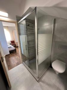 a bathroom with a glass shower and a toilet at Beregi Apartman in Tiszaújváros