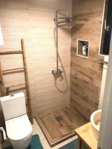 y baño con ducha, aseo y lavamanos. en Jarmenovci Glamping Resort en Jarmenovci