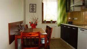 a kitchen with a table and chairs in a kitchen at Apartament Parkowy in Kielce