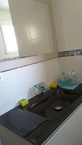 uma casa de banho com um lavatório e um espelho em Proche avignon, pont du gard,nuitee possible em Rochefort-du-Gard