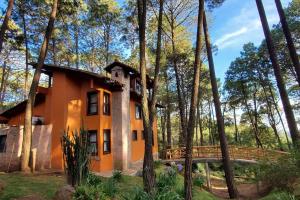 une maison orange au milieu d'une forêt dans l'établissement Cabaña rustica a 1km de cascada, à Mazamitla