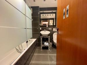 La salle de bains est pourvue d'un lavabo et de toilettes. dans l'établissement Wunderschönes Apartment in der Goldstadt Pforzheim, à Pforzheim
