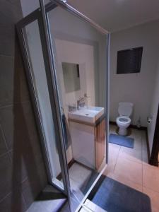 a bathroom with a shower and a sink and a toilet at Bello Guest in Bloemfontein