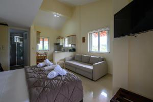 un soggiorno con letto e divano di Planet Seaside Apartments a Kalamáta