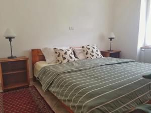 a bedroom with a bed with two night stands and two lamps at Apartma Raft, Bovec in Bovec