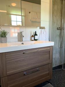 a bathroom with a sink and a shower at Vågåvatnet Feriesenter in Vågåmo