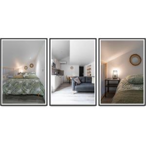 vier foto's van een slaapkamer en een woonkamer bij Résidence Le Celest - Appartements climatisés - Centre ville in Vichy