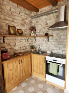 cocina con armarios de madera, fregadero y fogones en Apartma 10th Mountain, Bovec, en Bovec