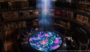 an overhead view of a casino in a mall at night at Marina Bay Sands in Singapore