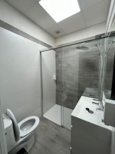 a bathroom with a toilet and a shower and a sink at APARTAMENTO VEEDOR BUENAS COMPAÑIAS in Cádiz