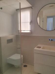 La salle de bains est pourvue de toilettes, d'un lavabo et d'un miroir. dans l'établissement Villa Ostrero, à Chiclana de la Frontera