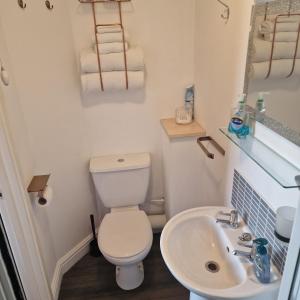 a small bathroom with a toilet and a sink at Philbeach Guest House in Weymouth