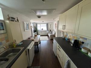 a kitchen with a sink and a living room at The Garden Flat in Paignton