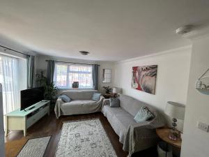 a living room with a couch and a tv at The Garden Flat in Paignton