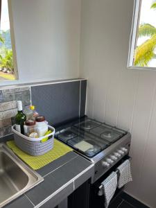 a kitchen counter with a stove and a sink at Morning Sun Bungalow in Vaitoare
